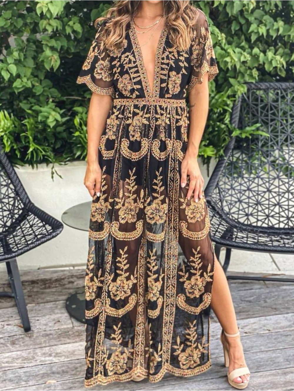 VENUS Black and Gold Embroidered Lace Maxi Dress